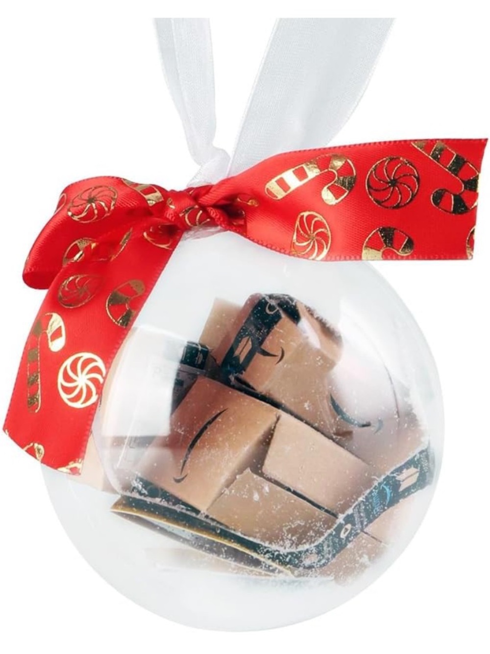 Clear Ornament Filled with Amazon boxes - Red Holiday Bow